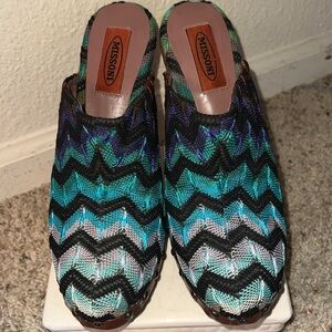 MISSONI Women’s ZigZag Black Blue Purple Fabric Leather Clogs Made in Italy 7.5